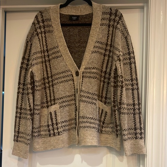 Wool Blend Vici Beige and Brown Plaid Women's Cardigan - Picture 1 of 4